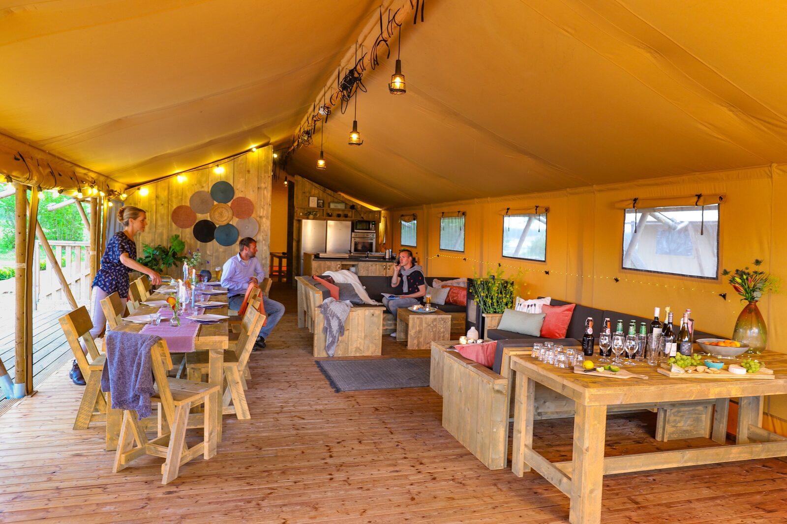 Group accommodation: group tent + four 6-person luxury glamping tents (24 people)