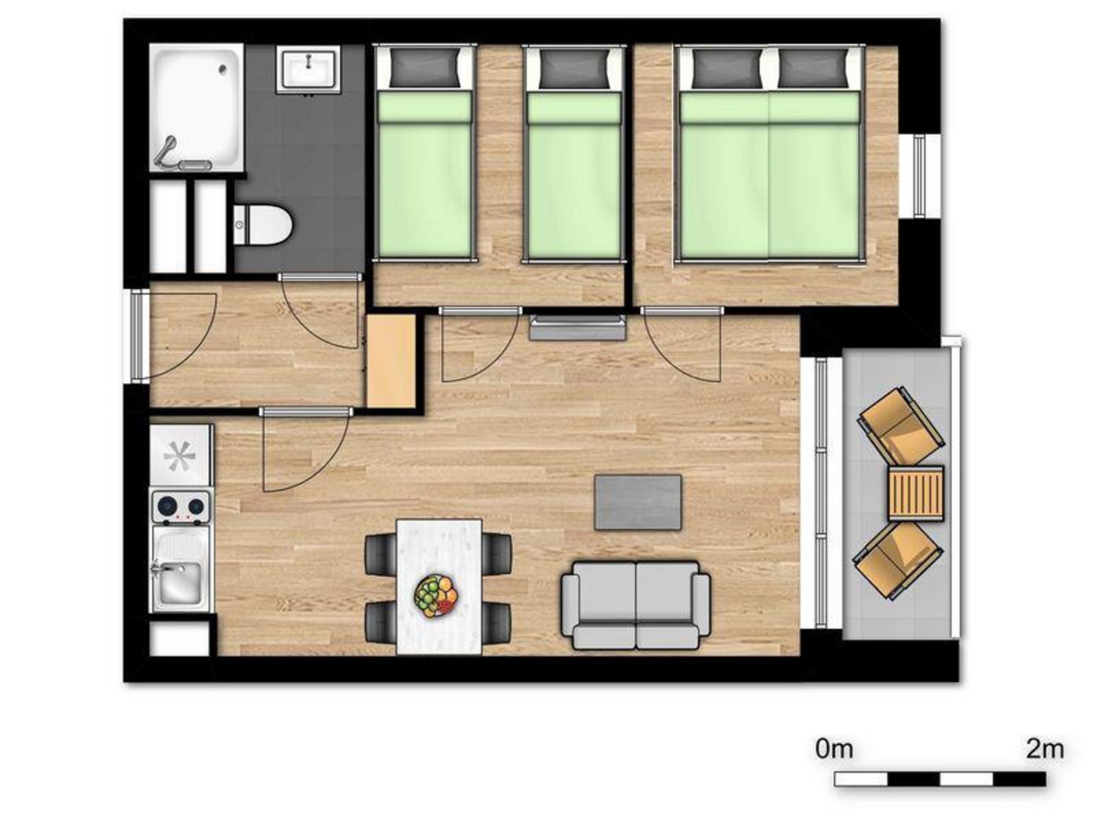 Suite voor 4 pers met tweepersoonsbed & 2 enkele bedden en balkon