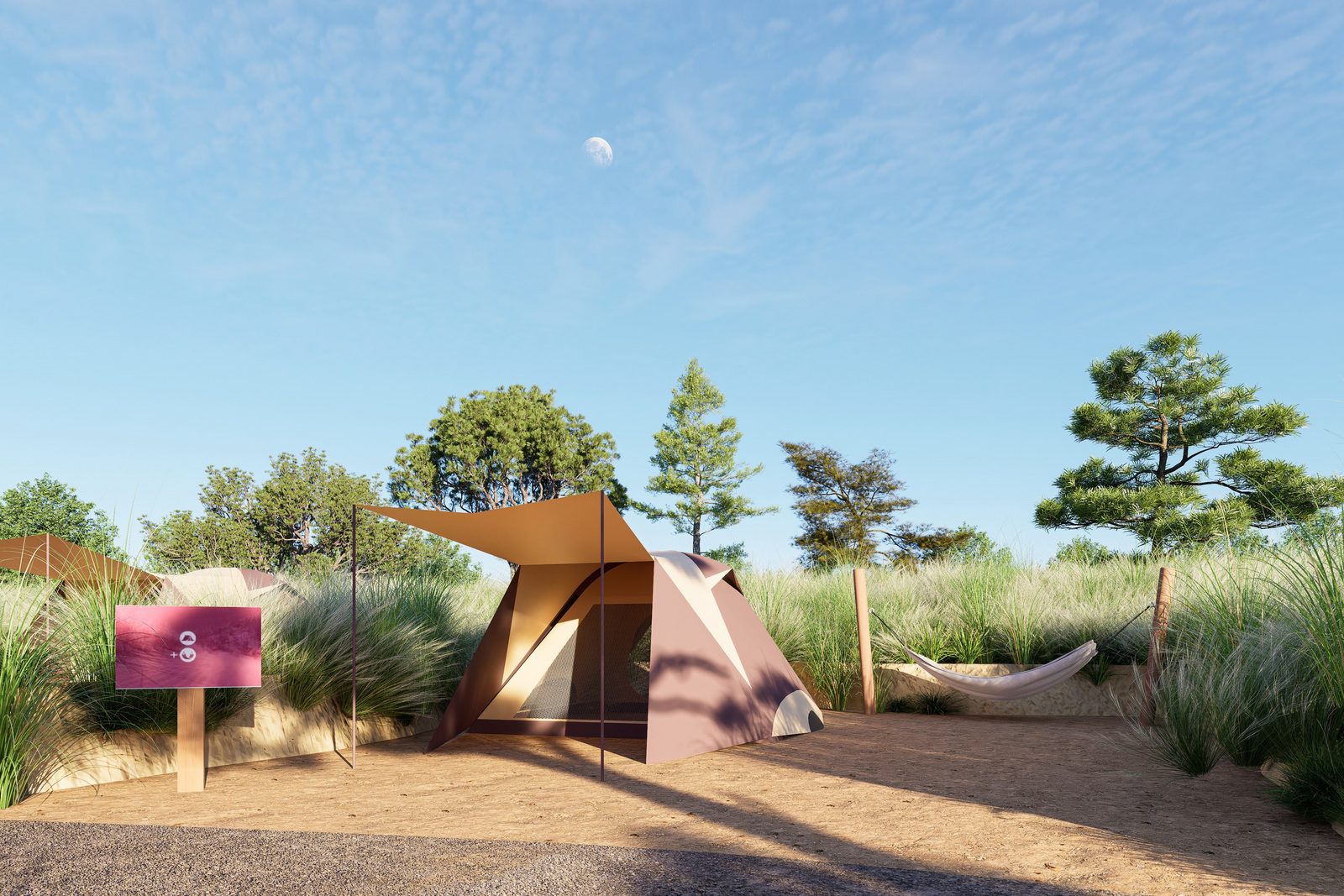 Dune tent pitch and hammock