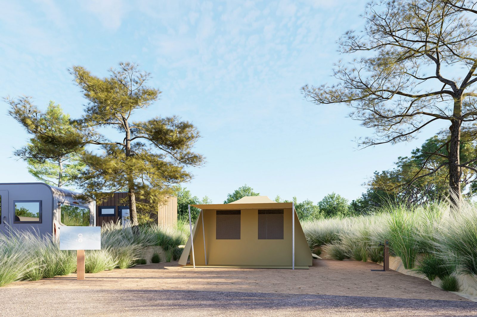 Dune tent pitch with water