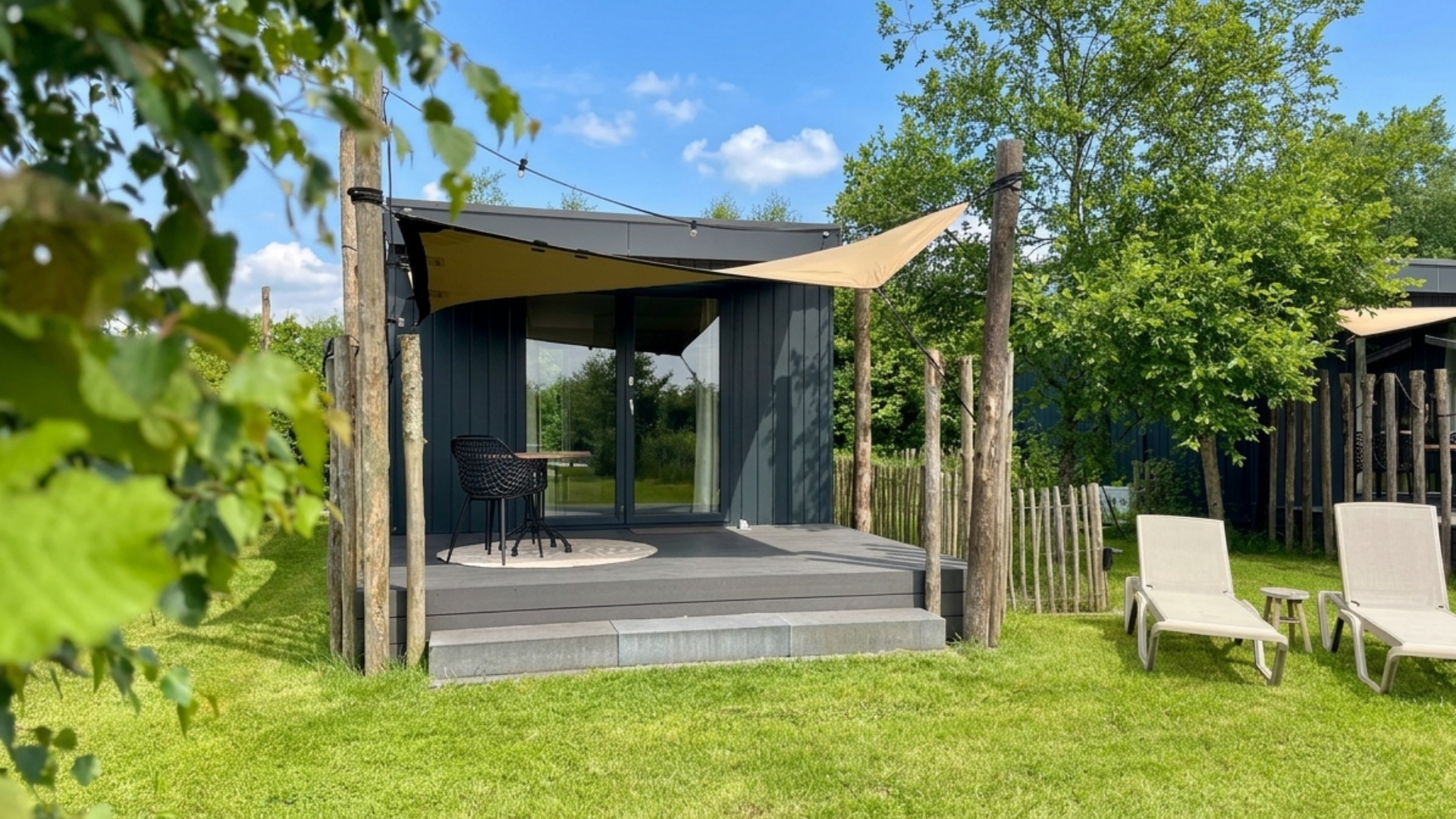 Intimes Tiny House mit beheiztem Außenbad am Teich. Genießen Sie absolute Privatsphäre, flüsternde Natur und atemberaubende Aussichten am 't Nije Hemelriek.