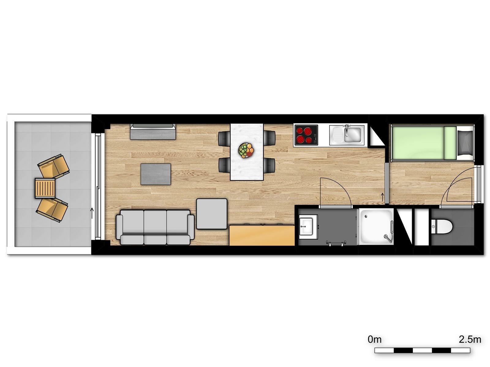 Studio pour 4 personnes avec canapé-lit et un lit superposé