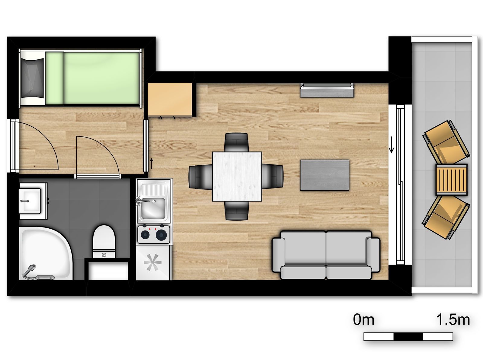 Standaard studio voor 4 pers met zetelbed en balkon